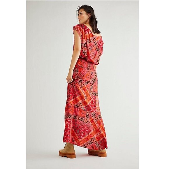 NWT Free People Blakely Dress Red Combo Printed Maxi Scoop Short Sleeve - Picture 2 of 6